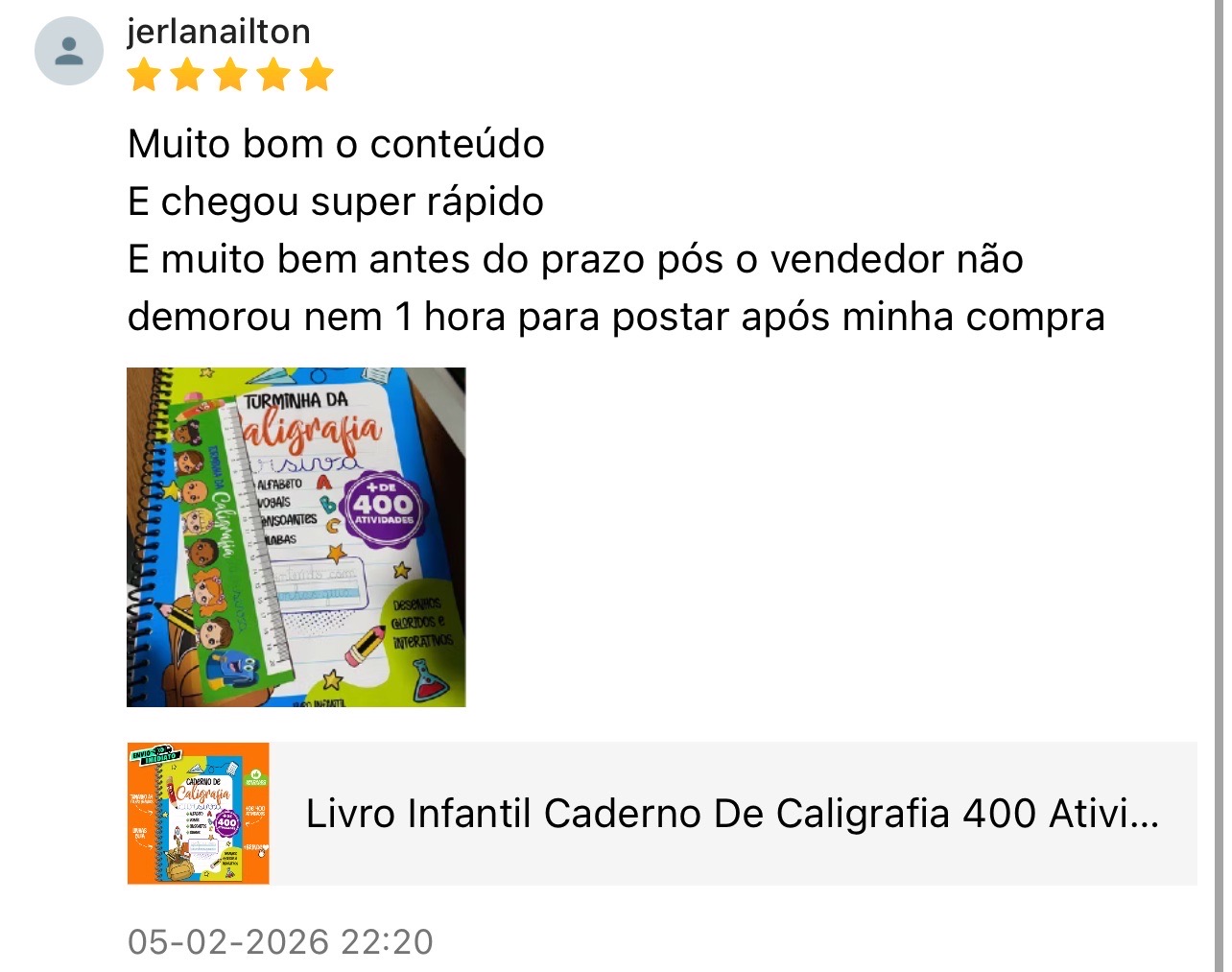 Avaliação real 5 estrelas