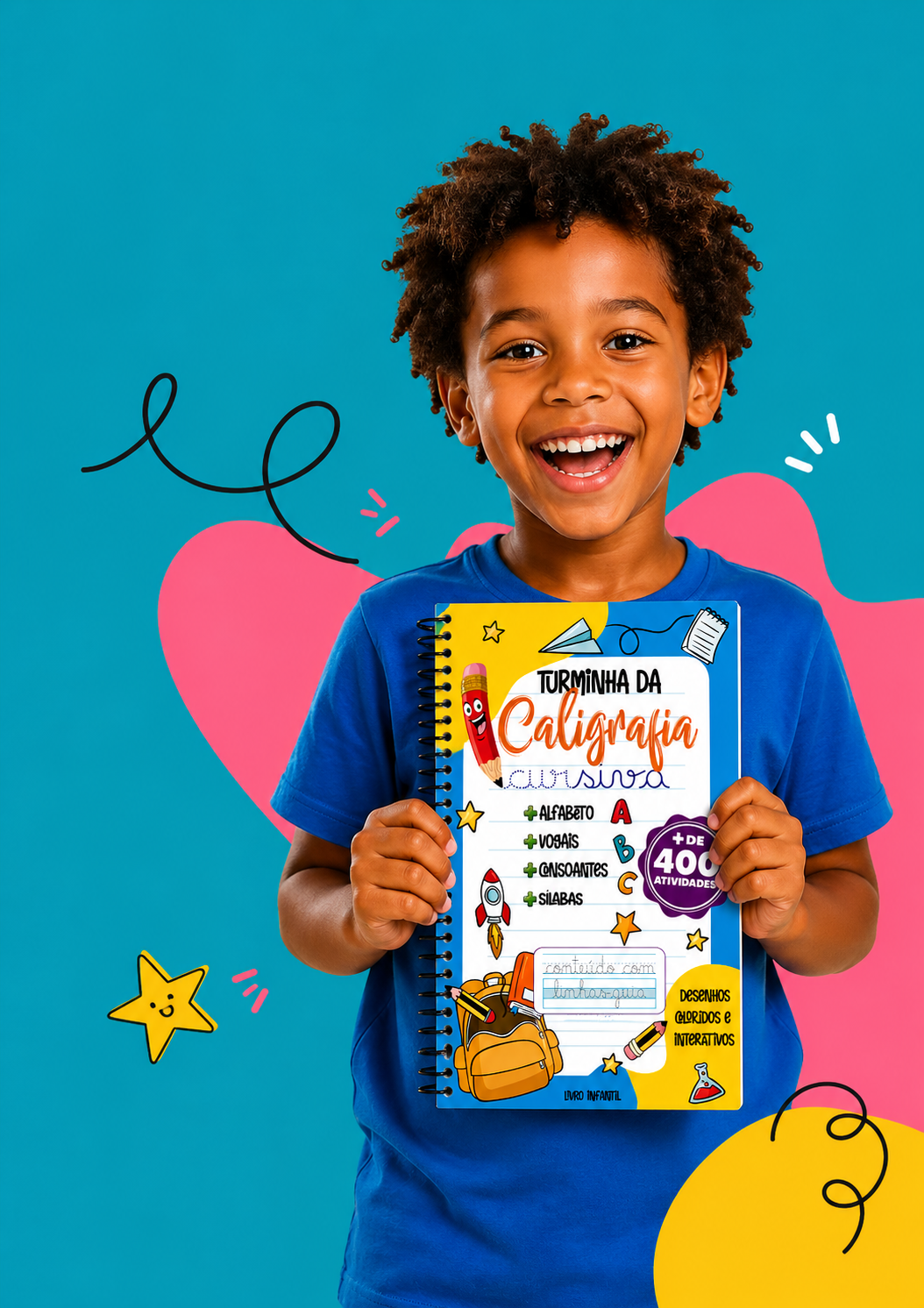Criança feliz segurando o caderno Mundo Papière